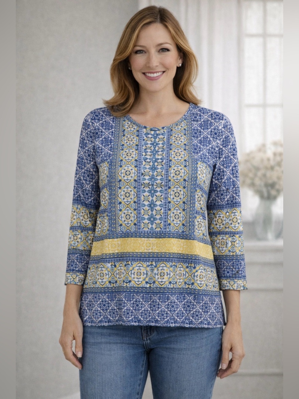 Ruby Rd. Blue and Yellow Floral Pattern Woman Top